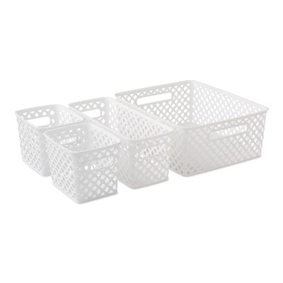 4-Pack Space Saving White Decor Plastic Storage Bin Set, Portable Handled Organizer Baskets for Kitchen Supplies, Cosmetics & Household Small Items