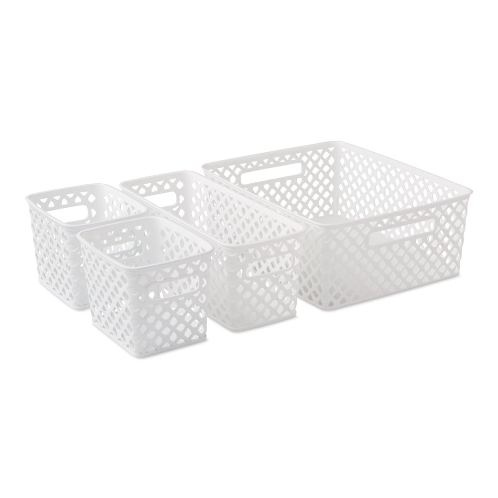 4-Pack Space Saving White Decor Plastic Storage Bin Set, Portable Handled Organizer Baskets for Kitchen Supplies, Cosmetics & Household Small Items