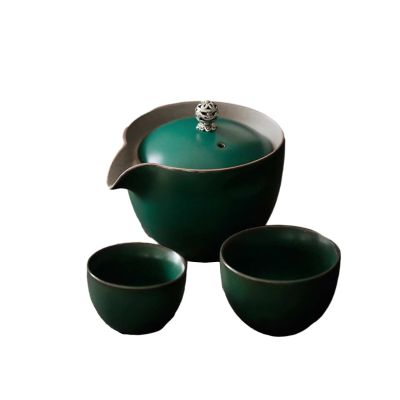 Ceramic Chinese Quik Cup Portable Travel Tea Set-Dark Green Ceramic Glaze-Quik Cup A+Bag