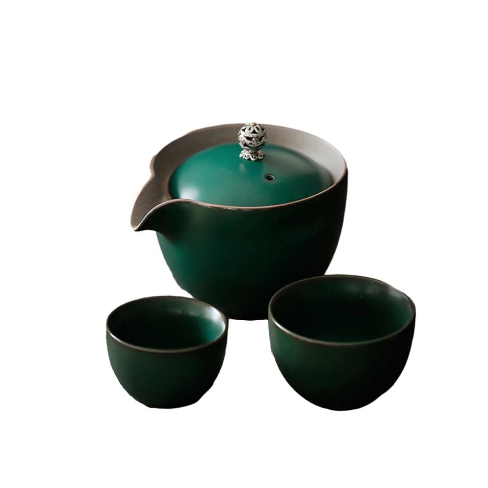 Ceramic Chinese Quik Cup Portable Travel Tea Set-Dark Green Ceramic Glaze-Quik Cup A+Bag