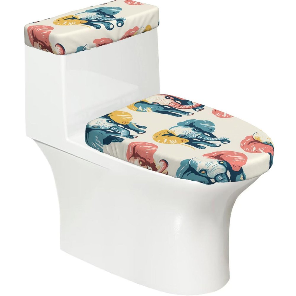 Hand-painted elephant head Printed Toilet Seat Set - 2-Piece Cover & Tank Cover - Universal Stretch Fit - Housewarming & Holiday Gift