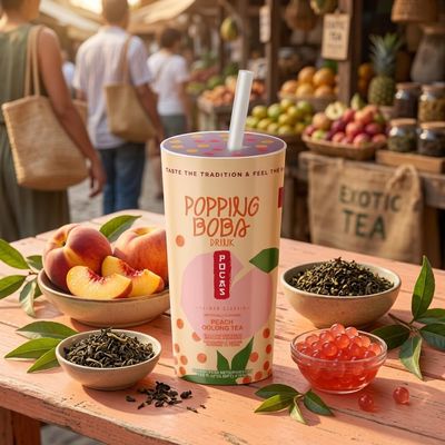 POCAS Popping Boba Ready to Drink Tea Beverage, Peach Oolong Tea