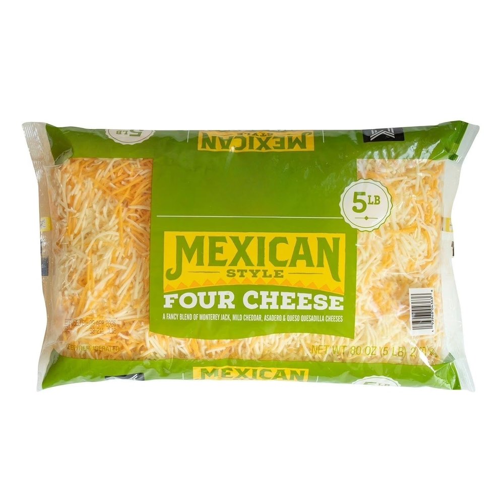 Mexican-Style Four Cheese Fancy Shredded Cheese Blend, Premium Shredded Natural Cheese, Perfect for Tacos, Burritos, Quesadillas, Nachos, Enchiladas, Casseroles, Pizza and Melting Recipes TOTAL NET WT 5 LB [ 80 OZ , 5 LB ]