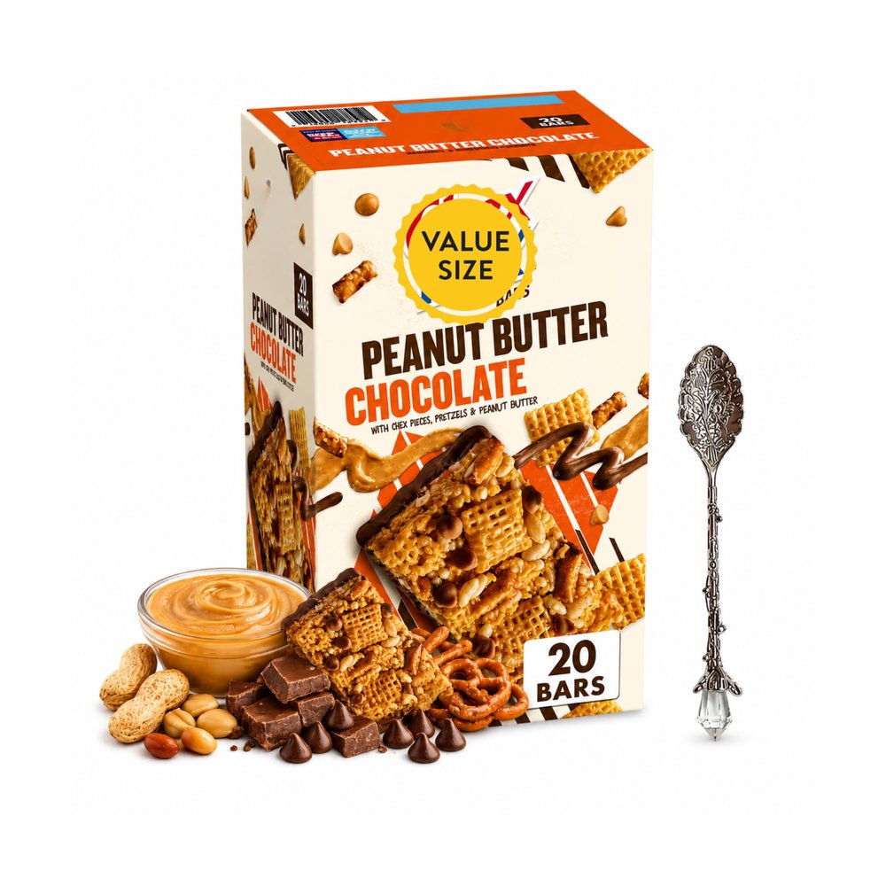 Peanut Butter Chocolate Snack Bars, Chewy Crispy Snack Bars, 20 Count Box for Lunches, Travel and Everyday Snacking (Pack of 1) with Candy Freezer Gem Spoon