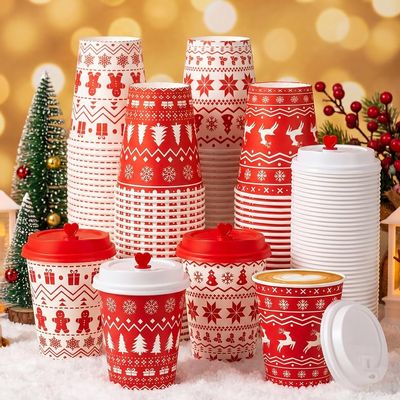 Whaline 48 Sets Christmas Hot Cocoa Coffee Cup with Lids and Heart Plugs Red-White Ugly Xmas Sweater Disposable To-Go Paper Drink Cups for Hot Cold Drinks Winter Party Supplies