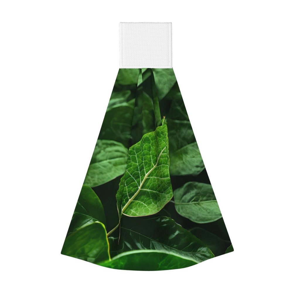 ChenGua 1 PC Kitchen Hand Towels with Hanging Loop,Green Leaf Nature Print Coral Fleece Absorbent Dish Cloths, for Home Bathroom