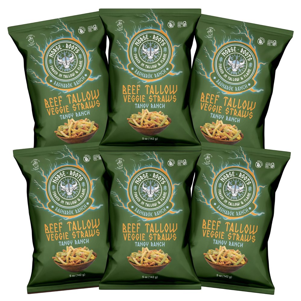 Norse Roots Veggie Straws, Beef Tallow Vegetable Snack, Ranch, 6-Pack
