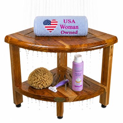 EcoDecors Teak Corner Shower Bench 13" with Shelf Waterproof Bathroom Stool, Adjustable Non-Slip Feet