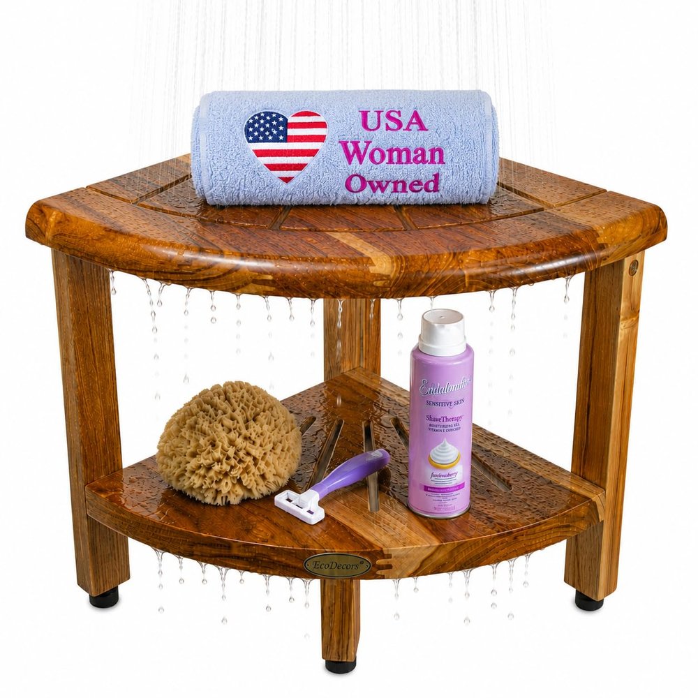 EcoDecors Teak Corner Shower Bench 13" with Shelf Waterproof Bathroom Stool, Adjustable Non-Slip Feet