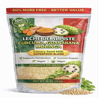 1Lb Leche de Alpiste, Curcuma, Guanabana & Moringa Premium Canary Seed Milk with Turmeric, Soursop & Moringa Superfood Blend 16 oz Vegan, Dairy-Free, Non-GMO, 100% Natural
