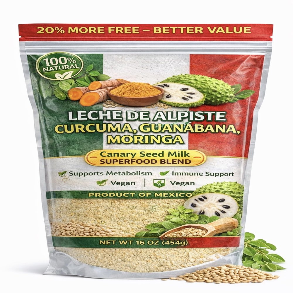 1Lb Leche de Alpiste, Curcuma, Guanabana & Moringa Premium Canary Seed Milk with Turmeric, Soursop & Moringa Superfood Blend 16 oz Vegan, Dairy-Free, Non-GMO, 100% Natural