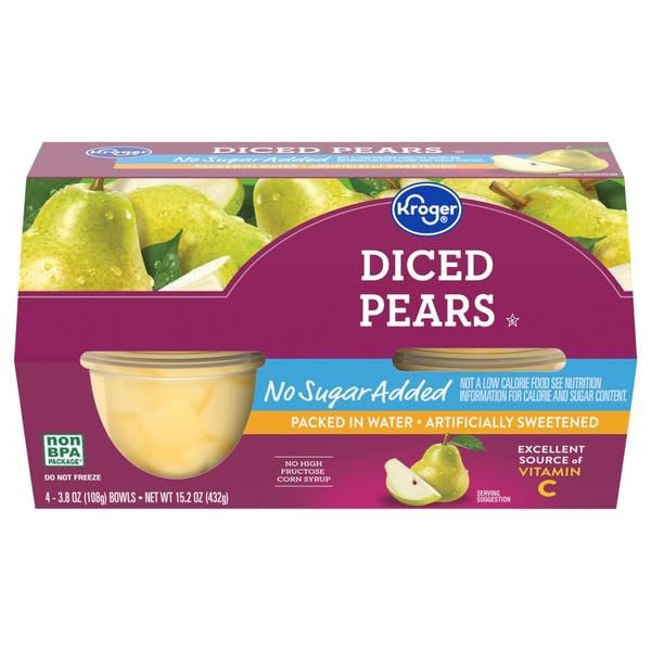 Diced Pear Cups, No Sugar Added, 3.8 oz, Pack of 4 Fruit Cups