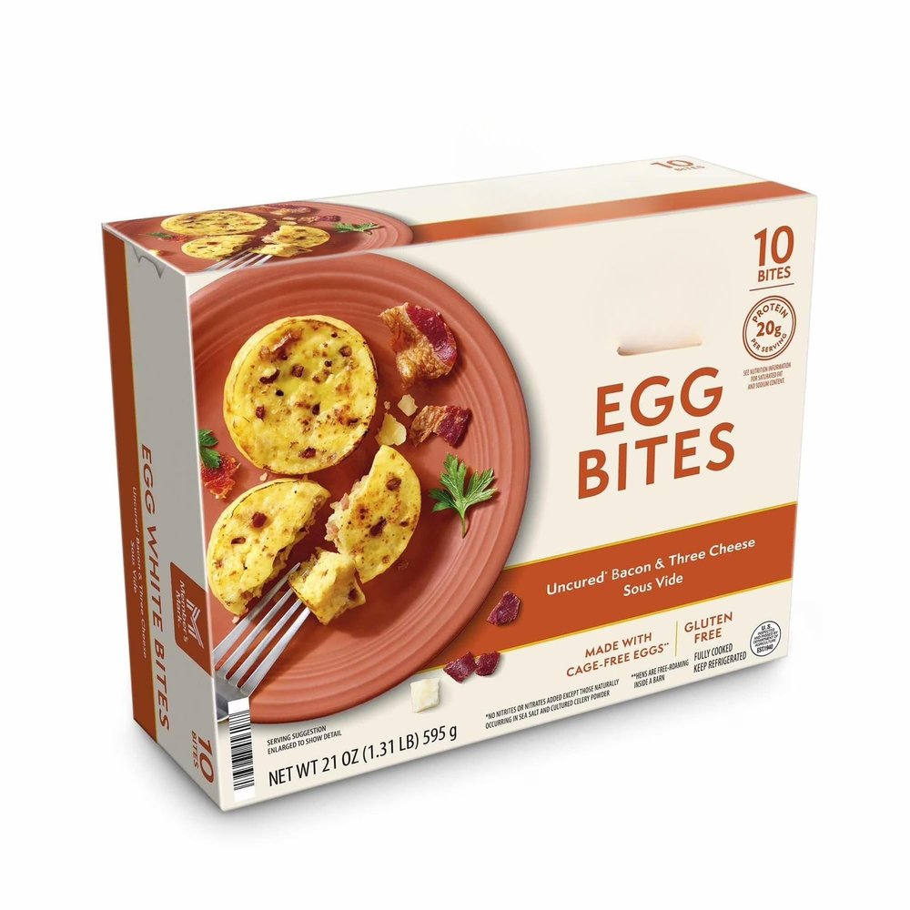 Sous Vide Uncured Bacon and Three Cheese Egg Bites, Protein-Rich Breakfast Egg Bites with Uncured Bacon, Cheddar, Monterey Jack and Gruyere Cheeses, Fully Cooked Ready-to-Heat Breakfast, 5 Pack TOTAL NET WT [ 21 OZ , 1.31 LB ]