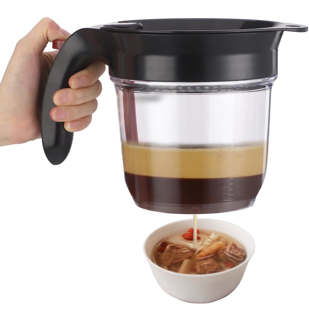 Gravy Fat Separator, 1 L/34 oz Capacity, Bottom Release Oil Grease Strainer for Soup and Sauce, PP Kitchen Degreasing Cup with Measuring Marks