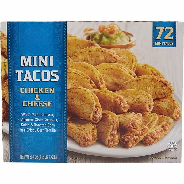 Mini Tacos Chicken and Cheese, Frozen Bite Size Tacos Filled with Seasoned Chicken and Cheese, Crispy Snack Size Mexican Style Appetizers, Easy to Prepare for Parties, Family Meals, Game Day Snacks and Entertaining, 72 Count TOTAL NET WT 50.4 OZ [