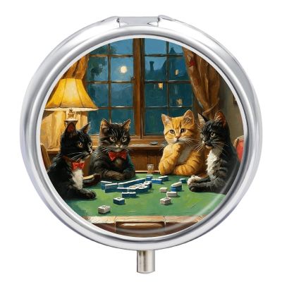 Cats Playing Mahjong Small Pill Case Portable Mini Travel Pill Container Compact Daily Storage Boxes 3 Compartments Suitable Wallets Pockets Handbags Vitamins Supplements