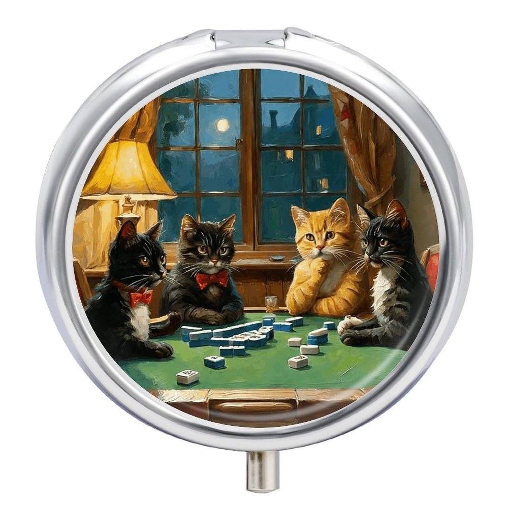 Cats Playing Mahjong Small Pill Case Portable Mini Travel Pill Container Compact Daily Storage Boxes 3 Compartments Suitable Wallets Pockets Handbags Vitamins Supplements