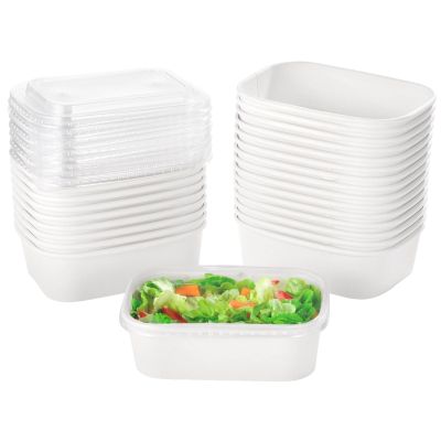 Chewtoyo 25 Pcs Kraft Paper Bowls with Clear Lids, 22 oz Disposable Food Containers, White Rectangular Treat Bowls for Soup, Snacks, Sushi, Hot and Cold Takeout, Microwave Safe