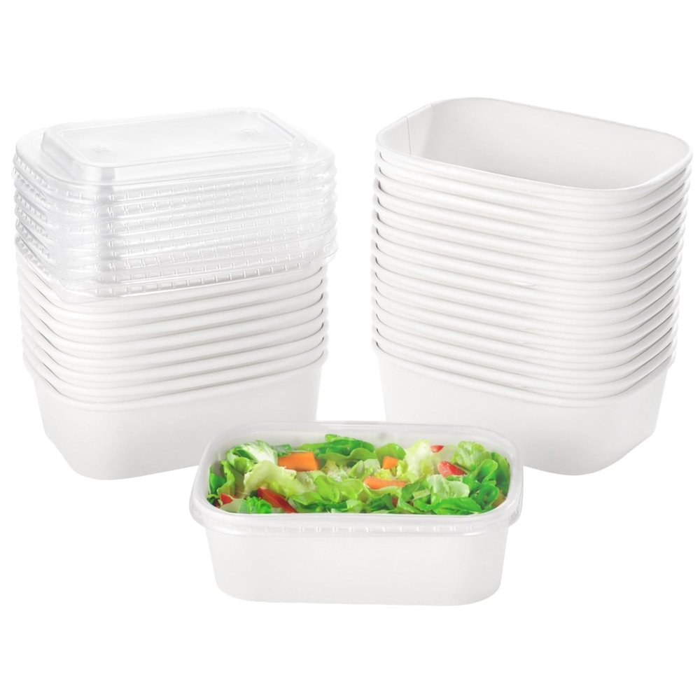 Chewtoyo 25 Pcs Kraft Paper Bowls with Clear Lids, 22 oz Disposable Food Containers, White Rectangular Treat Bowls for Soup, Snacks, Sushi, Hot and Cold Takeout, Microwave Safe