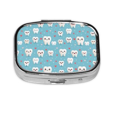 Fuzquwu Healthy White Teeth Print Pill Box with Mirror,Portable Pill Case for Vitamins Supplements Medication Storage