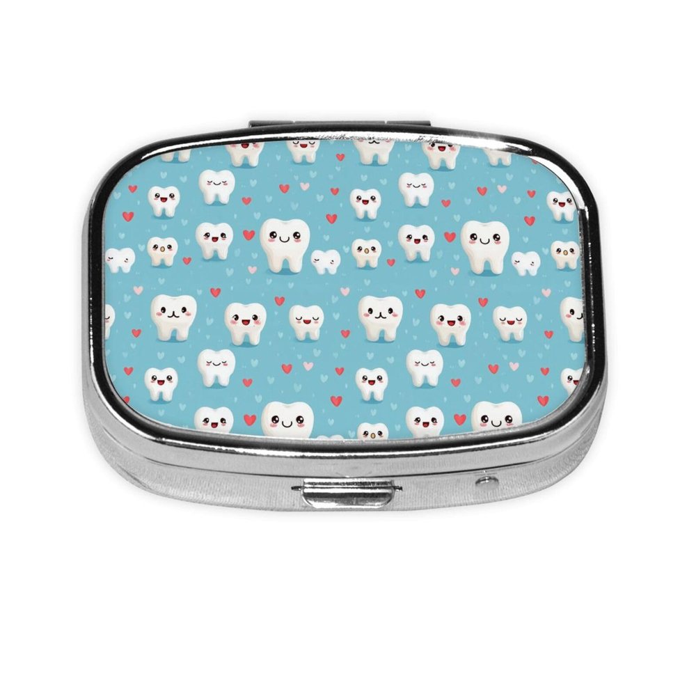 Fuzquwu Healthy White Teeth Print Pill Box with Mirror,Portable Pill Case for Vitamins Supplements Medication Storage