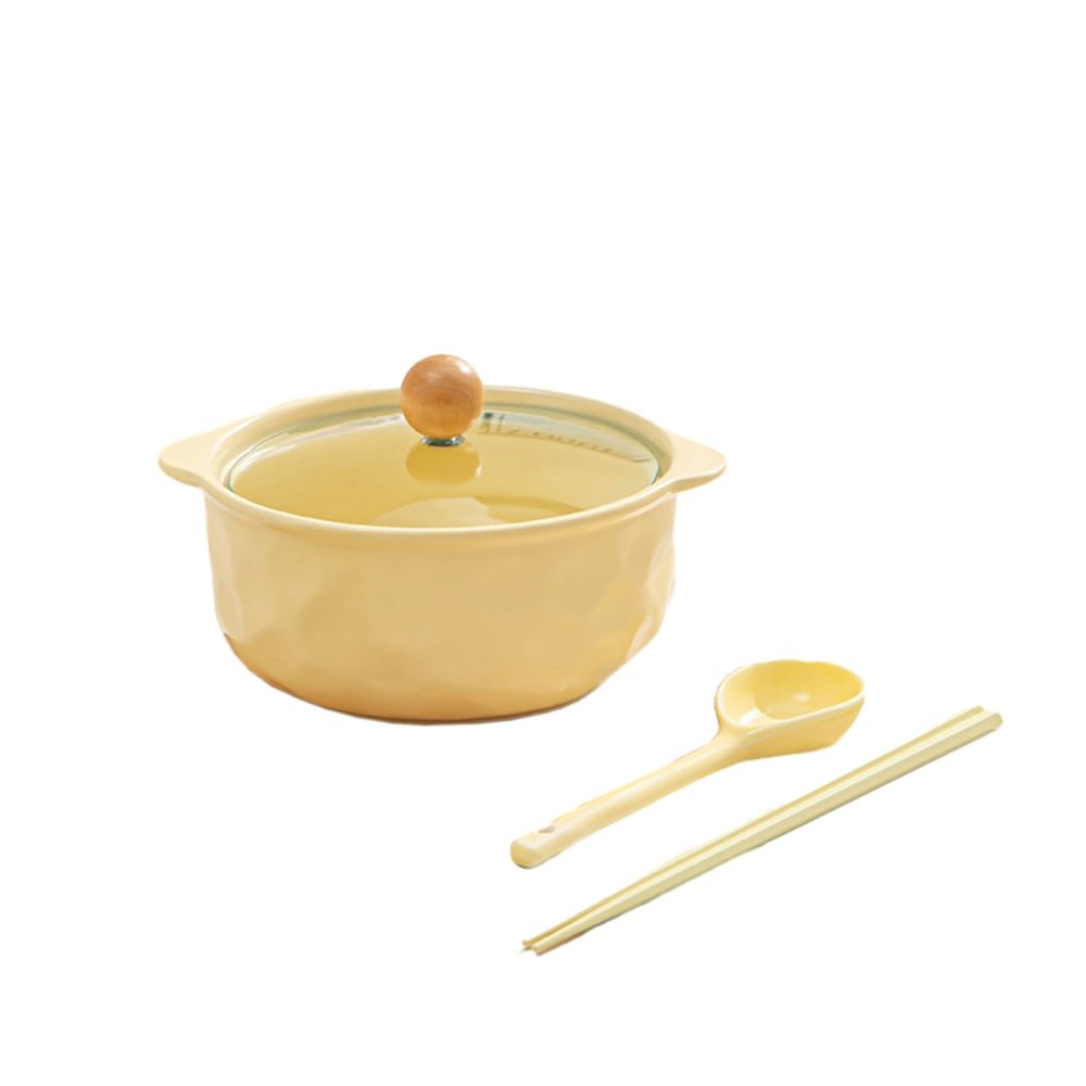 Ceramic wd instant noodle bowl with lid household fresh and exquisite personality-set of 3-wd beige