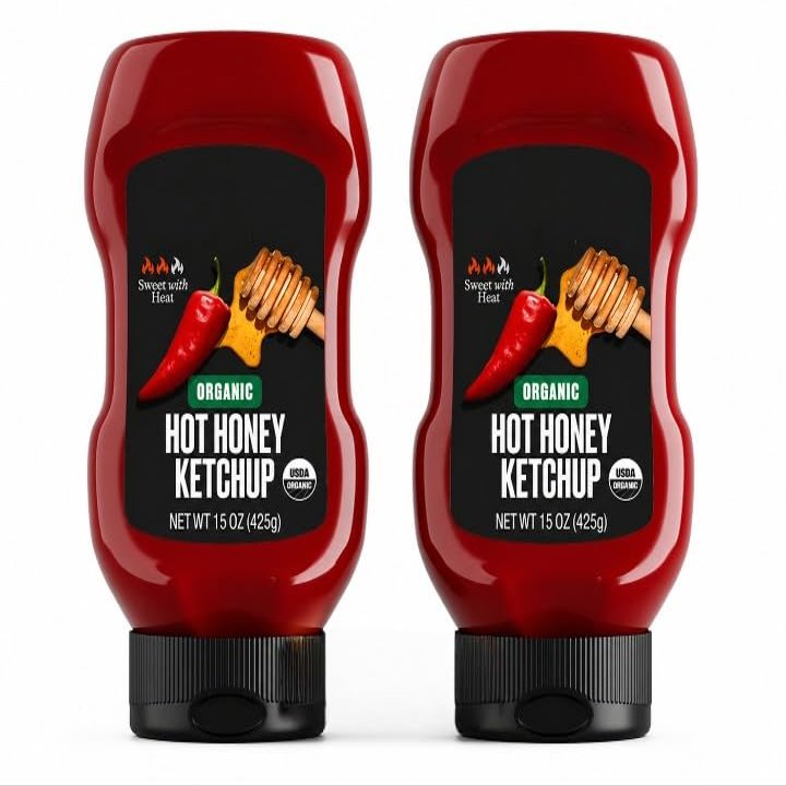 Organic Hot Honey Ketchup, Sweet & Spicy Gourmet Tomato Ketchup with Organic Honey and Chili Non-GMO, No High Fructose Corn Syrup, Gluten-Free- 15 oz (Pack of 2)