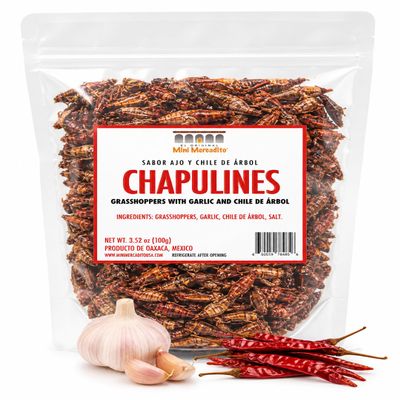 Chapulines Garlic & Chile de Arbol (Oaxaca, Mexico) | Spicy Crunchy Mexican Snack | High Protein Ready to Eat 3.5oz