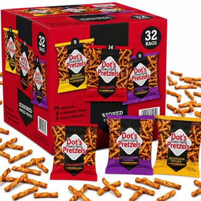 Dot's Pretzels Variety Pack, Original, Honey Mustard, and Cinnamon Sugar Pretzel Twist Snack, 1oz Individually Sized Bags (32 Count)