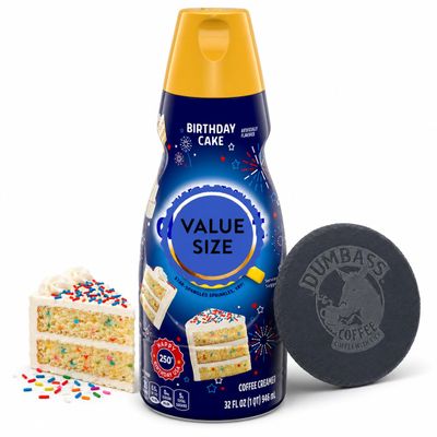 Birthday Cake Liquid Coffee Creamer, 32 fl oz Bottle, Single Pack, Sweet & Creamy Flavored Coffee Creamer for Hot or Iced Coffee with Dumbass Coffee Slate Coaster