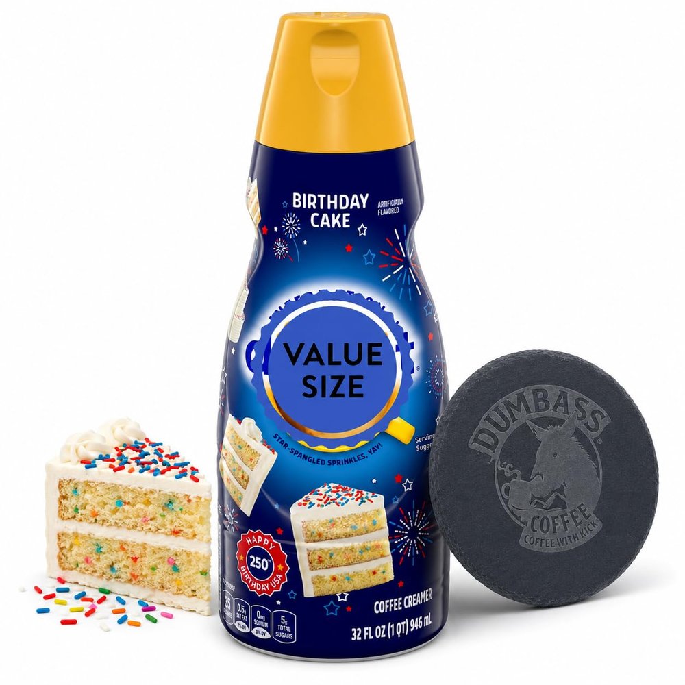 Birthday Cake Liquid Coffee Creamer, 32 fl oz Bottle, Single Pack, Sweet & Creamy Flavored Coffee Creamer for Hot or Iced Coffee with Dumbass Coffee Slate Coaster