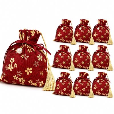 LOGOFUN Chinese Wedding Candy Bag Gold Stamping Cotton Drawstring Pouch Red Cherry Blossom Present Wrap with Pearls Tassels Jewelry Storage