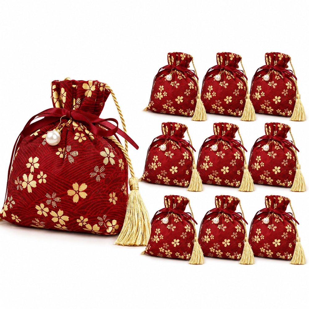LOGOFUN Chinese Wedding Candy Bag Gold Stamping Cotton Drawstring Pouch Red Cherry Blossom Present Wrap with Pearls Tassels Jewelry Storage