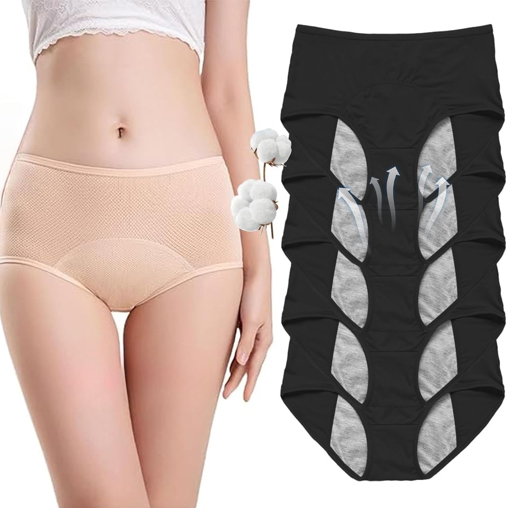 Leak Proof Underwear for Women, High-Waisted Incontinence Underwear, Washable Reusable Briefs for Women Over 50 60 (Black-5pcs,XXX-Large)