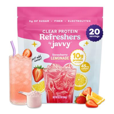 Javvy Clear Protein Refresher Drink Mix 10g of Whey Protein and Collagen Peptides, Electrolytes Powder, Natural Flavors, 0g of Sugar, 45mg Caffeine, 20 Servings, Strawberry Lemonade