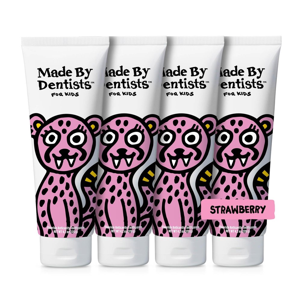 Made by Dentists Kids Fluoride Toothpaste 4-Pack - Anticavity Strawberry Children's Toothpaste, SLS-Free, Enamel Safe, Natural Flavors, Vegan & Cruelty-Free, Toddler & Kids Ages 2+, Cheetah
