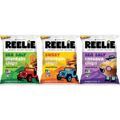 Variety Pack Reelie (Sea Salt Plantain, Sweet Plantain, Sea Salt Cassava), 2 oz Bags, 3 Pack Crunchy Tropical Snack, Plantain, Cassava