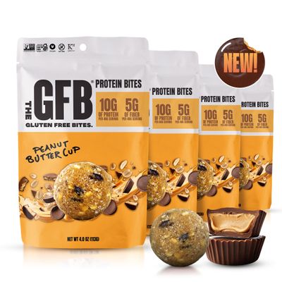 The GFB Chocolate Peanut Butter Cup High Protein Bites | Certified Gluten Free Snacks | Super Tasty Plant Based Protein Balls | Travel Ready Non-GMO Kosher & Vegan Snacks | Resealable 4oz Bags, 4 Pack