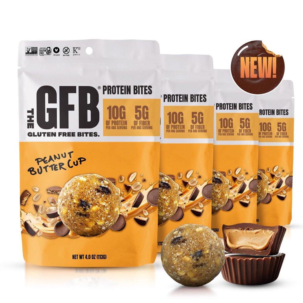 The GFB Chocolate Peanut Butter Cup High Protein Bites | Certified Gluten Free Snacks | Super Tasty Plant Based Protein Balls | Travel Ready Non-GMO Kosher & Vegan Snacks | Resealable 4oz Bags, 4 Pack