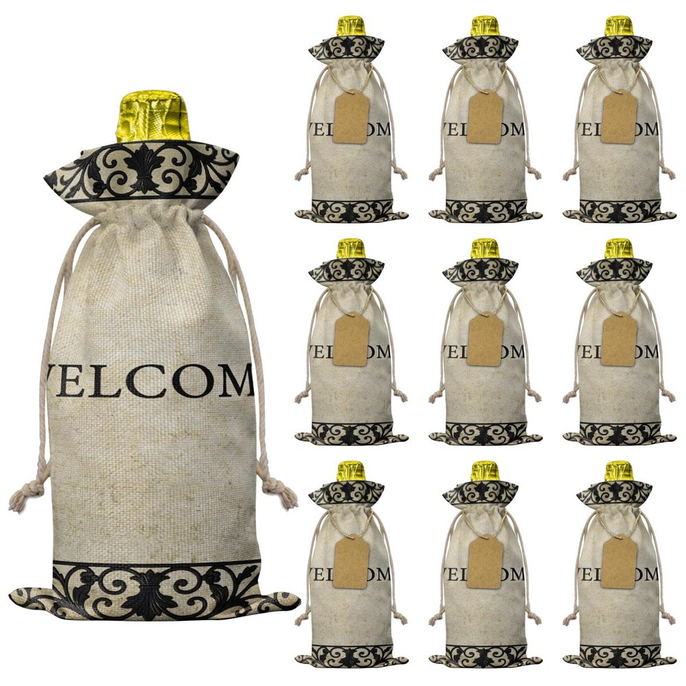 PIEPLE 10 Pack Wine Bottle Bags, Brown Welcome Vintage Wine Bottle Cover with Drawstring, Abstract Art Floral Leaves Gift Bag for Champagne, Wedding, Birthday, Party, Baby Shower