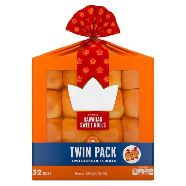 Hawaiian Sweet Rolls Bread, Soft Fluffy Sweet Dinner Rolls, Bakery Style Pull-Apart Bread Rolls for Sandwiches, Sliders, Breakfast, Snacks and Family Meals, Value Pack 32 Rolls, 16 Count per Pack, 2 Pack, TOTAL NET WT [ 32 OZ, 2 LB ]