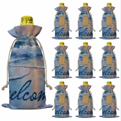 PIEPLE 10 Pack Wine Bottle Bags, Welcome Summer Beach Wine Bottle Cover with Drawstring, Sunset Nautical Nature Gift Bag for Champagne, Wedding, Birthday, Party, Baby Shower