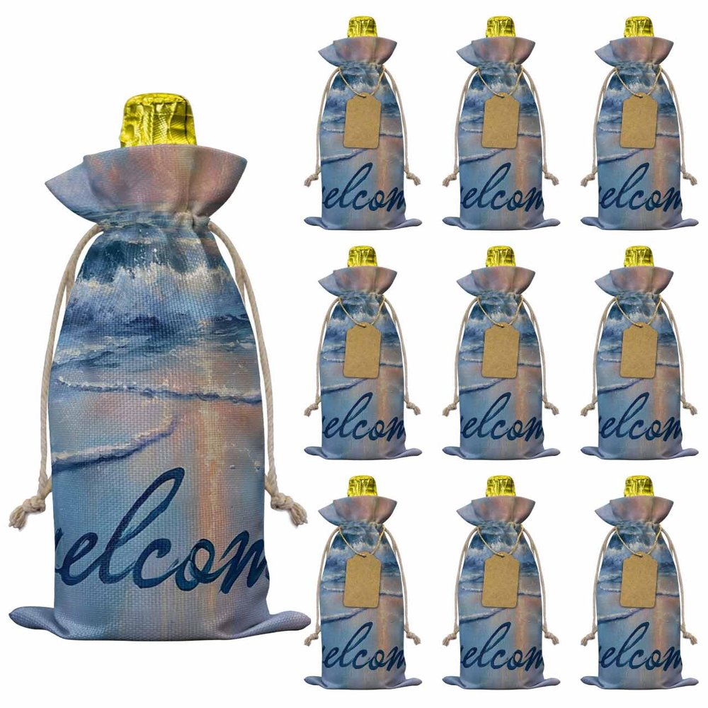 PIEPLE 10 Pack Wine Bottle Bags, Welcome Summer Beach Wine Bottle Cover with Drawstring, Sunset Nautical Nature Gift Bag for Champagne, Wedding, Birthday, Party, Baby Shower