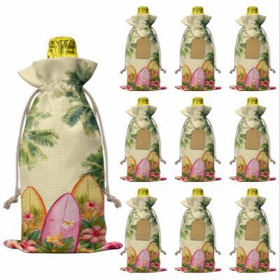 PIEPLE 10 Pack Wine Bottle Bags, Tropical Palm Tree Wine Bottle Cover with Drawstring, Summer Ocean Surfboard Floral Yellow Gift Bag for Champagne, Wedding, Birthday, Party, Baby Shower