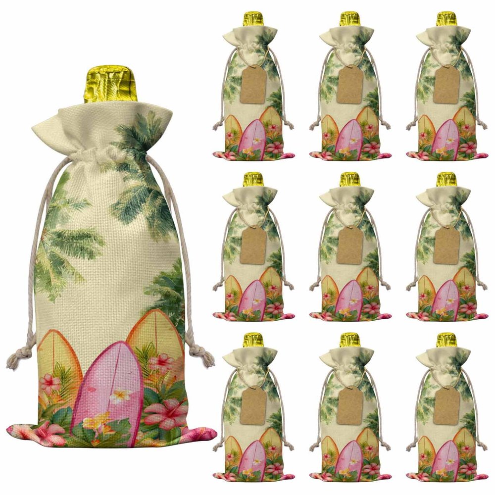PIEPLE 10 Pack Wine Bottle Bags, Tropical Palm Tree Wine Bottle Cover with Drawstring, Summer Ocean Surfboard Floral Yellow Gift Bag for Champagne, Wedding, Birthday, Party, Baby Shower