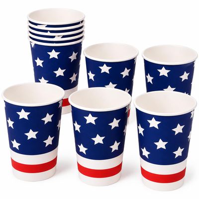PMU 120 Pcs Patriotic Stars & Stripes American Flag Cups 9-Oz -4th of July Cups, Disposable Paper Cup, Patriotic Party Supply, Tableware Supplies for Veterans, Election & Memorial Day (12 Packs of 10)
