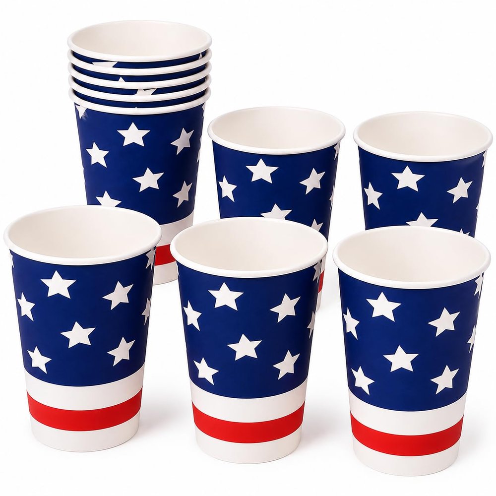 PMU 120 Pcs Patriotic Stars & Stripes American Flag Cups 9-Oz -4th of July Cups, Disposable Paper Cup, Patriotic Party Supply, Tableware Supplies for Veterans, Election & Memorial Day (12 Packs of 10)