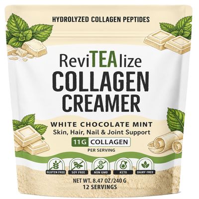 ReviTEAlize Collagen Creamer for Coffee, Tea & other Beverages, Dairy Free Creamer with Grass Fed Bovine Collagen Peptides & MCT Oil, Sugar Free, Keto Friendly, 11g Protein (White Chocolate Mint)