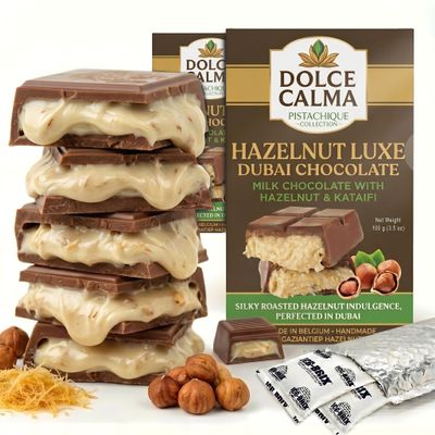 Dolce Calma Pack of 2 Hazelnut Dubai Chocolate Bars (2 x 100g / 3.5oz) 200g / 7oz Total Belgian Chocolate with Pistachio & Crispy Kataifi, Ships with Ice Packs for No Melting, No Palm Oil, Gifting