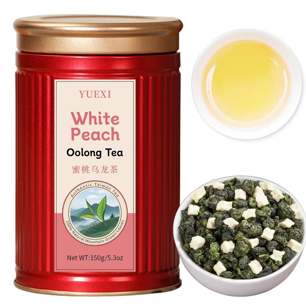Yuexi Taiwan White Peach Oolong Tea, High Mountaing Oolong Tea, Loose Leaf Oolong Tea with Natural Peach Aroma, Sealed Tin Can Packaging, Hot & Cold Brewable, 150g/5.3oz